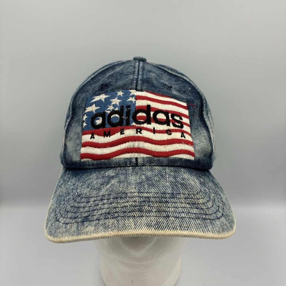 Adidas 1990 90s Vintage America Flag Denim Jeans Logo Rare Snapback Cap Hat